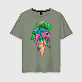 Женская футболка хлопок Oversize с принтом IceCream в Кировске, 100% хлопок | свободный крой, круглый ворот, спущенный рукав, длина до линии бедер
 | cold | frog | frogs | horn | ice cream | summer | toad | winter | жаба | жабы | зима | картинка | картинки | лето | лягушка | лягушки | мороженное | мороженое | рожок | холодно