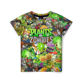 Детская футболка 3D с принтом PLANTS VS ZOMBIES в Кировске, 100% гипоаллергенный полиэфир | прямой крой, круглый вырез горловины, длина до линии бедер, чуть спущенное плечо, ткань немного тянется | Тематика изображения на принте: battle | plants | plants vs zombies | pvsz | vs | zombies | растения против зомби