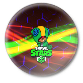 Значок с принтом BRAWL STARS LEON в Кировске,  металл | круглая форма, металлическая застежка в виде булавки | android | brawl stars | games | leon | mobile game | stars | игры | леон | мобильные игры