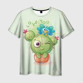 Мужская футболка 3D с принтом LOVE YOU в Кировске, 100% полиэфир | прямой крой, круглый вырез горловины, длина до линии бедер | bird | bright | cactus | fun | funny | веселый | кактус | прикольный | птичка | яркий забавный