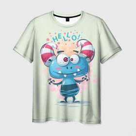 Мужская футболка 3D с принтом HELLO в Кировске, 100% полиэфир | прямой крой, круглый вырез горловины, длина до линии бедер | bright | cute monsters | fun | funny | веселый | милый монстрик | прикольный | яркий забавный
