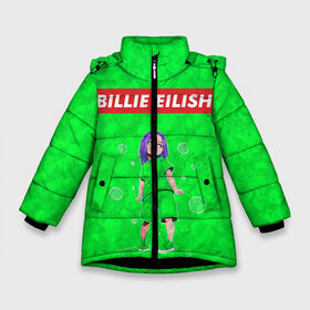 Зимняя куртка для девочек 3D с принтом BILLIE EILISH GREEN в Кировске, ткань верха — 100% полиэстер; подклад — 100% полиэстер, утеплитель — 100% полиэстер. | длина ниже бедра, удлиненная спинка, воротник стойка и отстегивающийся капюшон. Есть боковые карманы с листочкой на кнопках, утяжки по низу изделия и внутренний карман на молнии. 

Предусмотрены светоотражающий принт на спинке, радужный светоотражающий элемент на пуллере молнии и на резинке для утяжки. | bad guy | billie | eilish | ocean eyes | айлиш | билли | девушка | певица | эйлиш
