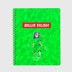 Тетрадь с принтом BILLIE EILISH GREEN в Кировске, 100% бумага | 48 листов, плотность листов — 60 г/м2, плотность картонной обложки — 250 г/м2. Листы скреплены сбоку удобной пружинной спиралью. Уголки страниц и обложки скругленные. Цвет линий — светло-серый
 | Тематика изображения на принте: bad guy | billie | eilish | ocean eyes | айлиш | билли | девушка | певица | эйлиш