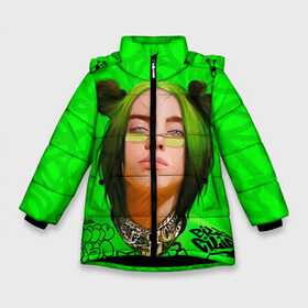 Зимняя куртка для девочек 3D с принтом BILLIE EILISH в Кировске, ткань верха — 100% полиэстер; подклад — 100% полиэстер, утеплитель — 100% полиэстер. | длина ниже бедра, удлиненная спинка, воротник стойка и отстегивающийся капюшон. Есть боковые карманы с листочкой на кнопках, утяжки по низу изделия и внутренний карман на молнии. 

Предусмотрены светоотражающий принт на спинке, радужный светоотражающий элемент на пуллере молнии и на резинке для утяжки. | bad guy | billie | eilish | ocean eyes | айлиш | билли | девушка | певица | эйлиш