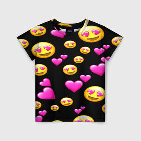 Детская футболка 3D с принтом ВЛЮБЛЕННЫЕ СМАЙЛИКИ в Кировске, 100% гипоаллергенный полиэфир | прямой крой, круглый вырез горловины, длина до линии бедер, чуть спущенное плечо, ткань немного тянется | emoji | настроение | позитив | смайлики | смайлы | стикеры | текстура смайл | улыбки | фон смайл | эмодзи
