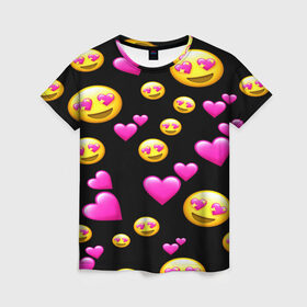 Женская футболка 3D с принтом ВЛЮБЛЕННЫЕ СМАЙЛИКИ в Кировске, 100% полиэфир ( синтетическое хлопкоподобное полотно) | прямой крой, круглый вырез горловины, длина до линии бедер | emoji | настроение | позитив | смайлики | смайлы | стикеры | текстура смайл | улыбки | фон смайл | эмодзи