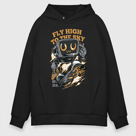 Мужское худи Oversize хлопок с принтом fly high to the sky в Кировске, френч-терри — 70% хлопок, 30% полиэстер. Мягкий теплый начес внутри —100% хлопок | боковые карманы, эластичные манжеты и нижняя кромка, капюшон на магнитной кнопке | Тематика изображения на принте: иероглифы | пица | скейт | японские символы