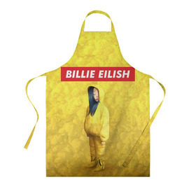 Фартук 3D с принтом BILLIE EILISH Yellow в Кировске, 100% полиэстер | общий размер — 65 х 85 см, ширина нагрудника — 26 см, горловина — 53 см, длина завязок — 54 см, общий обхват в поясе — 173 см. Принт на завязках и на горловине наносится с двух сторон, на основной части фартука — только с внешней стороны | Тематика изображения на принте: 