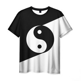 Мужская футболка 3D с принтом Инь - янь (#1) в Кировске, 100% полиэфир | прямой крой, круглый вырез горловины, длина до линии бедер | black | signs | white. | ying   yang | белый | знаки | инь   янь | чёрный