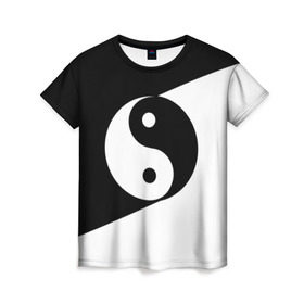 Женская футболка 3D с принтом Инь - янь (#1) в Кировске, 100% полиэфир ( синтетическое хлопкоподобное полотно) | прямой крой, круглый вырез горловины, длина до линии бедер | black | signs | white. | ying   yang | белый | знаки | инь   янь | чёрный