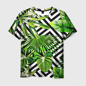 Мужская футболка 3D с принтом TROPIC TEXTURE в Кировске, 100% полиэфир | прямой крой, круглый вырез горловины, длина до линии бедер | bright | colorful | neon | retro | vintage | винтаж | неон | неоновые | пальмы | ретро | ретро неон | тропики | тропические листья