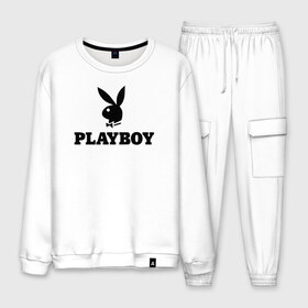 Мужской костюм хлопок с принтом Playboy в Кировске, 100% хлопок | на свитшоте круглая горловина, мягкая резинка по низу. Брюки заужены к низу, на них два вида карманов: два “обычных” по бокам и два объемных, с клапанами, расположенные ниже линии бедра. Брюки с мягкой трикотажной резинкой на поясе и по низу штанин. В поясе для дополнительного комфорта — широкие завязки | brazzers | cекс | merch | new sensations | playboy | private | tushy | бразерс | мерч | плейбой