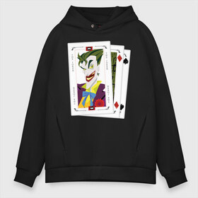 Мужское худи Oversize хлопок с принтом Joker cards в Кировске, френч-терри — 70% хлопок, 30% полиэстер. Мягкий теплый начес внутри —100% хлопок | боковые карманы, эластичные манжеты и нижняя кромка, капюшон на магнитной кнопке | Тематика изображения на принте: batman | dc | dc джокер | detective comics | harley | joker | shtatjoker | the joker | бетмен | джокер | злодей | харли