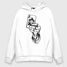 Мужское худи Oversize хлопок с принтом Joker Playing Card в Кировске, френч-терри — 70% хлопок, 30% полиэстер. Мягкий теплый начес внутри —100% хлопок | боковые карманы, эластичные манжеты и нижняя кромка, капюшон на магнитной кнопке | Тематика изображения на принте: batman | dc | dc джокер | detective comics | harley | joker | shtatjoker | the joker | бетмен | джокер | злодей | харли