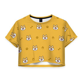 Женская футболка Cropp-top с принтом Сиба-ину. Акита-ину. (Жёлтая) в Кировске, 100% полиэстер | круглая горловина, длина футболки до линии талии, рукава с отворотами | сиба ину
