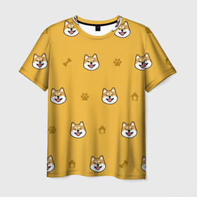 Мужская футболка 3D с принтом Сиба-ину. Акита-ину. (Жёлтая)  в Кировске, 100% полиэфир | прямой крой, круглый вырез горловины, длина до линии бедер | сиба ину