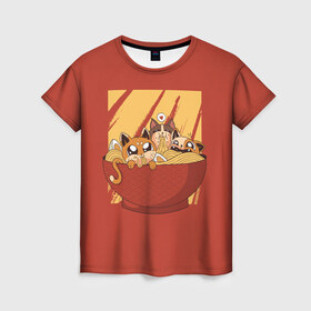 Женская футболка 3D с принтом Котики в Кировске, 100% полиэфир ( синтетическое хлопкоподобное полотно) | прямой крой, круглый вырез горловины, длина до линии бедер | cat | kitty | pasta | ramen | кот | котики | коты | кошка | кошки | лапша | рамен | рамэн