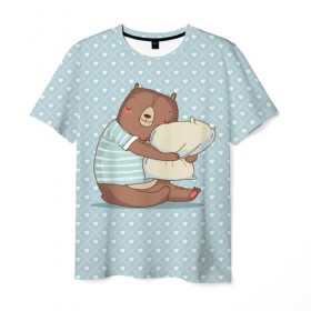 Мужская футболка 3D с принтом Сонный мишка с подушкой в Кировске, 100% полиэфир | прямой крой, круглый вырез горловины, длина до линии бедер | медведь | милота | милый | милый мишка | миша | мишка | подушка | сон | сонный | спит