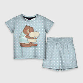 Детский костюм с шортами 3D с принтом Сонный мишка с подушкой в Кировске,  |  | Тематика изображения на принте: медведь | милота | милый | милый мишка | миша | мишка | подушка | сон | сонный | спит