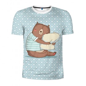 Мужская футболка 3D спортивная с принтом Сонный мишка с подушкой в Кировске, 100% полиэстер с улучшенными характеристиками | приталенный силуэт, круглая горловина, широкие плечи, сужается к линии бедра | медведь | милота | милый | милый мишка | миша | мишка | подушка | сон | сонный | спит