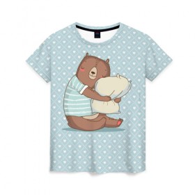 Женская футболка 3D с принтом Сонный мишка с подушкой в Кировске, 100% полиэфир ( синтетическое хлопкоподобное полотно) | прямой крой, круглый вырез горловины, длина до линии бедер | медведь | милота | милый | милый мишка | миша | мишка | подушка | сон | сонный | спит
