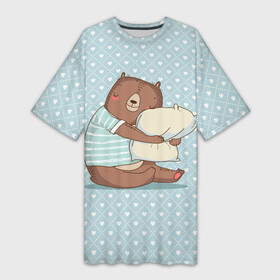 Платье-футболка 3D с принтом Сонный мишка с подушкой в Кировске,  |  | медведь | милота | милый | милый мишка | миша | мишка | подушка | сон | сонный | спит