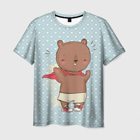 Мужская футболка 3D с принтом Мишка супергерой в Кировске, 100% полиэфир | прямой крой, круглый вырез горловины, длина до линии бедер | герой | медведь | милота | милый | милый мишка | миша | мишка | плащ | супергерой | супермен | супермэн