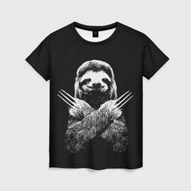 Женская футболка 3D с принтом Slotherine в Кировске, 100% полиэфир ( синтетическое хлопкоподобное полотно) | прямой крой, круглый вырез горловины, длина до линии бедер | animals | wolverine | ленивец | росомаха