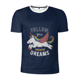 Мужская футболка 3D спортивная с принтом Unicorn. Follow your Dreams в Кировске, 100% полиэстер с улучшенными характеристиками | приталенный силуэт, круглая горловина, широкие плечи, сужается к линии бедра | Тематика изображения на принте: care | dream | fantasy | horn | horse | magic | night | rainbow | star | stars | unicorn | единорог | звезда | звезды | инрог | конь | лошадь | магия | мечта | ночь | радуга | рог | фантастика | фентези