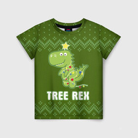 Детская футболка 3D с принтом Tree Rex в Кировске, 100% гипоаллергенный полиэфир | прямой крой, круглый вырез горловины, длина до линии бедер, чуть спущенное плечо, ткань немного тянется | christmas tree | new year | t rex | tyrannosaurus | динозавр | елка | ель | новый год | свитер | тиранозавр