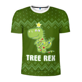 Мужская футболка 3D спортивная с принтом Tree Rex в Кировске, 100% полиэстер с улучшенными характеристиками | приталенный силуэт, круглая горловина, широкие плечи, сужается к линии бедра | christmas tree | new year | t rex | tyrannosaurus | динозавр | елка | ель | новый год | свитер | тиранозавр