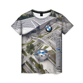 Женская футболка 3D с принтом BMW city в Кировске, 100% полиэфир ( синтетическое хлопкоподобное полотно) | прямой крой, круглый вырез горловины, длина до линии бедер | Тематика изображения на принте: bmw | buildings | city | germany | munich | prestige | бмв | германия | город | здания | мюнхен | престиж