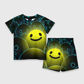 Детский костюм с шортами 3D с принтом НЕОНОВЫЕ СМАЙЛЫ в Кировске,  |  | emoji | настроение | позитив | смайлики | смайлы | стикеры | текстура смайл | улыбки | фон смайл | эмодзи