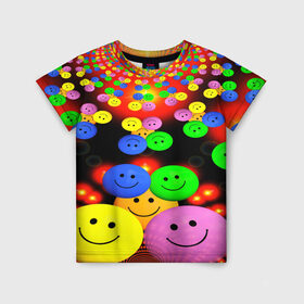Детская футболка 3D с принтом ЦВЕТНЫЕ СМАЙЛИКИ в Кировске, 100% гипоаллергенный полиэфир | прямой крой, круглый вырез горловины, длина до линии бедер, чуть спущенное плечо, ткань немного тянется | emoji | настроение | позитив | смайлики | смайлы | стикеры | текстура смайл | улыбки | фон смайл | эмодзи