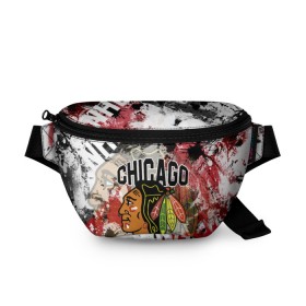 Поясная сумка 3D с принтом Chicago Blackhawks в Кировске, 100% полиэстер | плотная ткань, ремень с регулируемой длиной, внутри несколько карманов для мелочей, основное отделение и карман с обратной стороны сумки застегиваются на молнию | blackhawks | chicago | chicago blackhawks | hockey | nhl | usa | блэкхокс | нхл | спорт | сша | хоккей | чикаго | чикаго блэкхокс | шайба