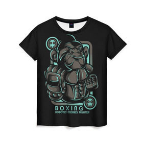 Женская футболка 3D с принтом Gorilla fighter в Кировске, 100% полиэфир ( синтетическое хлопкоподобное полотно) | прямой крой, круглый вырез горловины, длина до линии бедер | boxing | cool | fighter | fist | glove | gorilla | monkey | power | punch | robot | боец | бокс | горилла | крутая | кулак | обезьяна | перчатка | робот | сила | удар