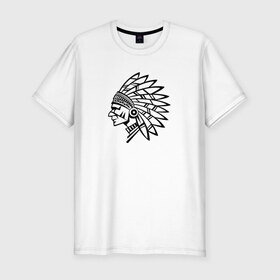 Мужская футболка премиум с принтом Индеец в Кировске, 92% хлопок, 8% лайкра | приталенный силуэт, круглый вырез ворота, длина до линии бедра, короткий рукав | индеец | минимализм | перья | рисунок | человек