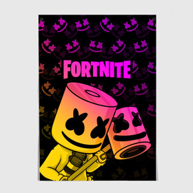 Постер с принтом FORTNITE MARSHMELLO в Кировске, 100% бумага
 | бумага, плотность 150 мг. Матовая, но за счет высокого коэффициента гладкости имеет небольшой блеск и дает на свету блики, но в отличии от глянцевой бумаги не покрыта лаком | chapter 2 | fortnite | marshmello | диджей | игры | маршмэллоу | молоток | фортнайт