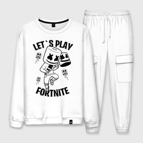 Мужской костюм хлопок с принтом FORTNITE x MARSHMELLO в Кировске, 100% хлопок | на свитшоте круглая горловина, мягкая резинка по низу. Брюки заужены к низу, на них два вида карманов: два “обычных” по бокам и два объемных, с клапанами, расположенные ниже линии бедра. Брюки с мягкой трикотажной резинкой на поясе и по низу штанин. В поясе для дополнительного комфорта — широкие завязки | fortnite | fortnite 2 | fortnite x | marshmello | ninja | ninja hyper streamer | ninja streamer | streamer | tyler blevins | маршмелло | ниндзя | фортнайт | фортнайт 2 | фортнайт глава 2