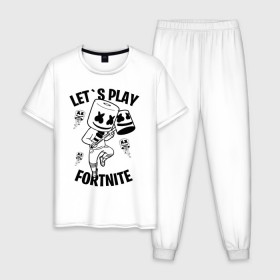 Мужская пижама хлопок с принтом FORTNITE x MARSHMELLO в Кировске, 100% хлопок | брюки и футболка прямого кроя, без карманов, на брюках мягкая резинка на поясе и по низу штанин
 | fortnite | fortnite 2 | fortnite x | marshmello | ninja | ninja hyper streamer | ninja streamer | streamer | tyler blevins | маршмелло | ниндзя | фортнайт | фортнайт 2 | фортнайт глава 2