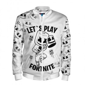 Мужской бомбер 3D с принтом FORTNITE x MARSHMELLO в Кировске, 100% полиэстер | застегивается на молнию, по бокам два кармана без застежек, по низу бомбера и на воротнике - эластичная резинка | Тематика изображения на принте: fortnite | fortnite 2 | fortnite x | marshmello | ninja | ninja hyper streamer | ninja streamer | streamer | tyler blevins | маршмелло | ниндзя | фортнайт | фортнайт 2 | фортнайт глава 2