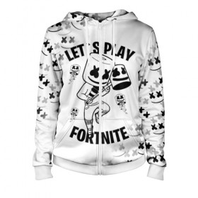 Женская толстовка 3D на молнии с принтом FORTNITE x MARSHMELLO в Кировске, 100% полиэстер | длина до линии бедра, манжеты и пояс оформлены мягкой тканевой резинкой, двухслойный капюшон со шнурком для регулировки, спереди молния, по бокам два кармана | fortnite | fortnite 2 | fortnite x | marshmello | ninja | ninja hyper streamer | ninja streamer | streamer | tyler blevins | маршмелло | ниндзя | фортнайт | фортнайт 2 | фортнайт глава 2