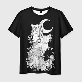 Мужская футболка 3D с принтом Котики в Кировске, 100% полиэфир | прямой крой, круглый вырез горловины, длина до линии бедер | котики | полумесяц | розы | цветы | черно белое