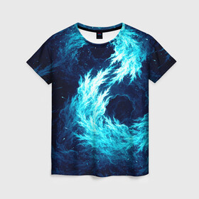 Женская футболка 3D с принтом Abstract fractal blue flame в Кировске, 100% полиэфир ( синтетическое хлопкоподобное полотно) | прямой крой, круглый вырез горловины, длина до линии бедер | abstract | colors | dark | flame | fractal | space | абстракция | космос | краски | огонь | пламя | тёмный | фрактал