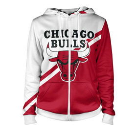 Женская толстовка 3D на молнии с принтом Chicago Bulls Red-White в Кировске, 100% полиэстер | длина до линии бедра, манжеты и пояс оформлены мягкой тканевой резинкой, двухслойный капюшон со шнурком для регулировки, спереди молния, по бокам два кармана | bulls | chicago | chicago bulls | nba | баскетбол | буллз | нба | чикаго | чикаго буллз