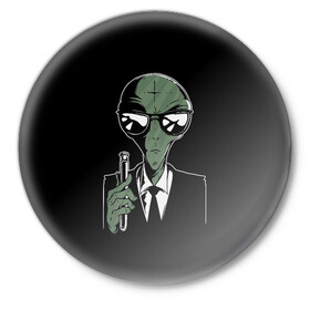 Значок с принтом Пришелец в Черном в Кировске,  металл | круглая форма, металлическая застежка в виде булавки | alien | men in black | ufo | инопланетяне | инопланетянин | люди в черном | нло | пришелец | пришельцы