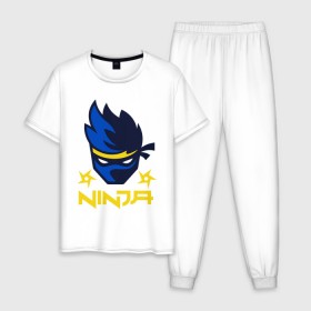 Мужская пижама хлопок с принтом FORTNITE NINJA в Кировске, 100% хлопок | брюки и футболка прямого кроя, без карманов, на брюках мягкая резинка на поясе и по низу штанин
 | fnchap2 | fortnite | fortnite 2 | fortnite x | marshmello | ninja | ninja hyper streamer | ninja streamer | streamer | tyler blevins | маршмелло | ниндзя | фортнайт | фортнайт 2 | фортнайт глава 2