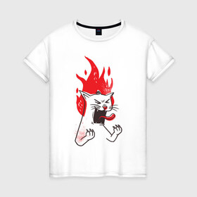 Женская футболка хлопок с принтом Злой Кот в Кировске, 100% хлопок | прямой крой, круглый вырез горловины, длина до линии бедер, слегка спущенное плечо | angry | cat | fire | kitty | злой | злые | кот | котики | коты