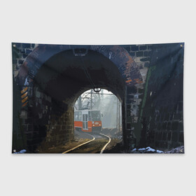 Флаг-баннер с принтом Трамвай в Кировске, 100% полиэстер | размер 67 х 109 см, плотность ткани — 95 г/м2; по краям флага есть четыре люверса для крепления | rails | railway | tram | trees | tunnel | деревья | железная дорога | рельсы | тоннель | трамвай