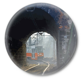 Значок с принтом Трамвай в Кировске,  металл | круглая форма, металлическая застежка в виде булавки | rails | railway | tram | trees | tunnel | деревья | железная дорога | рельсы | тоннель | трамвай